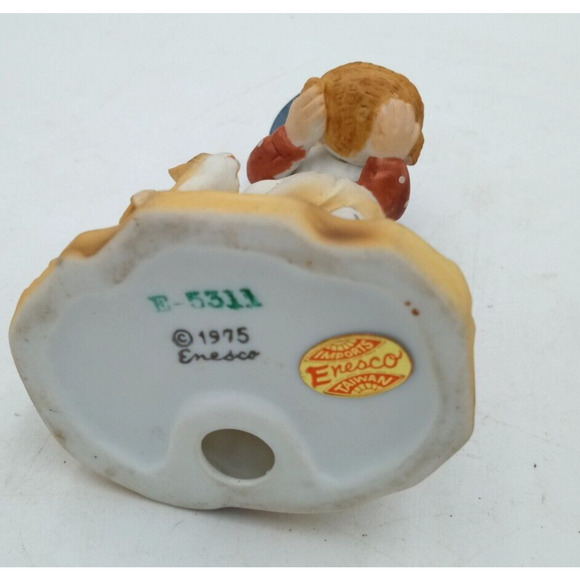 Vintage 1975 Enesco Girl Basket Corn & Cat and Boy Chopping Wood Figurine E-5311 - Picture 7 of 8